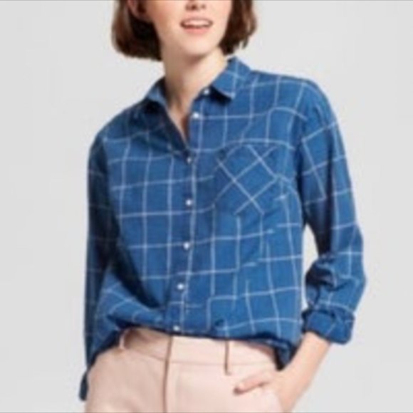 a new day Tops - A new day chambray checkered long sleeve button up shirt